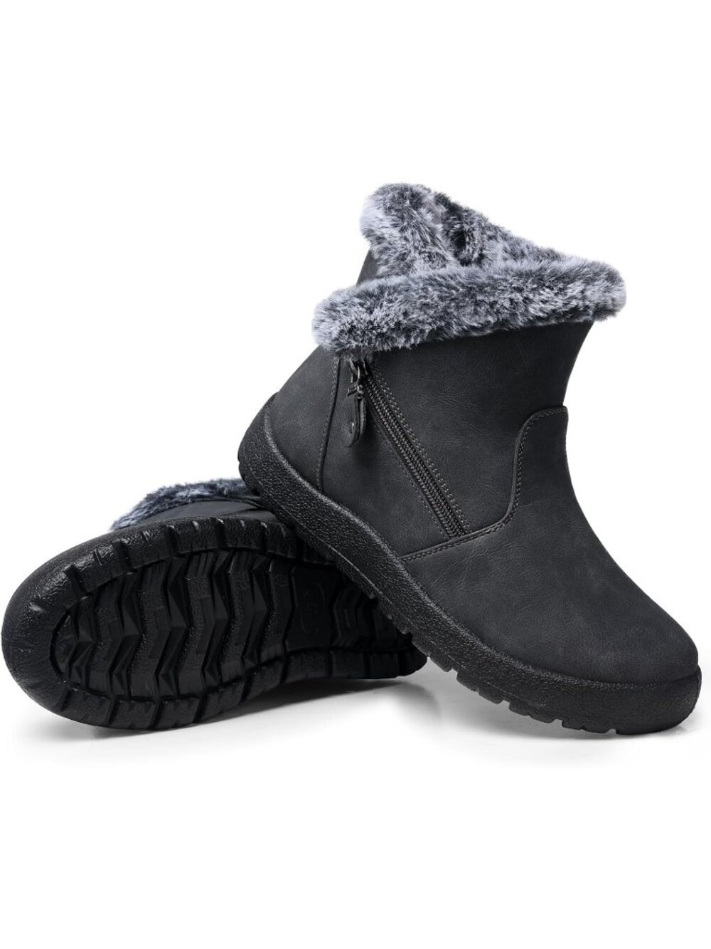 Women's Grey Winter Snow Boots Waterproof Ankle Warm Fur Lined Boots Non-Slip